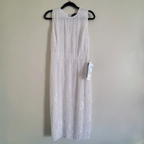 NWT Mac Duggal 93597 White Beaded Sleeveless Midi Sheath Dress -Size 8 - Picture 4 of 12